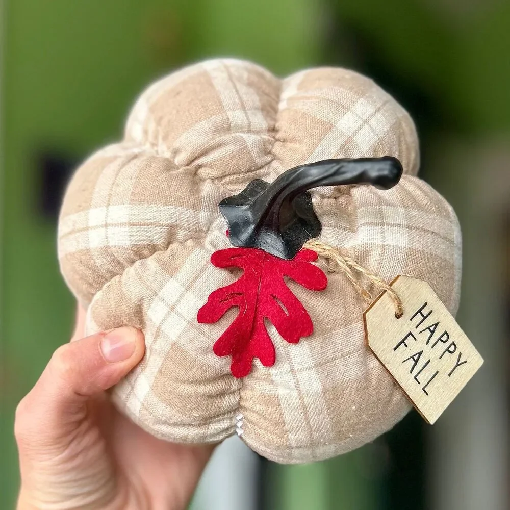Plush Cream Plaid Red Maple Leaf Accented Pumpkin Fall Home Accent